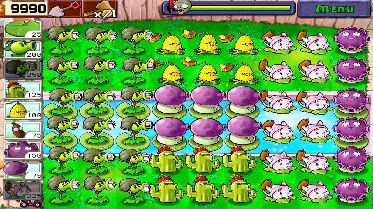 Plants vs Zombies • Survival Pool Walkthrough • Gatling Pea & Cattail vs All Zombies