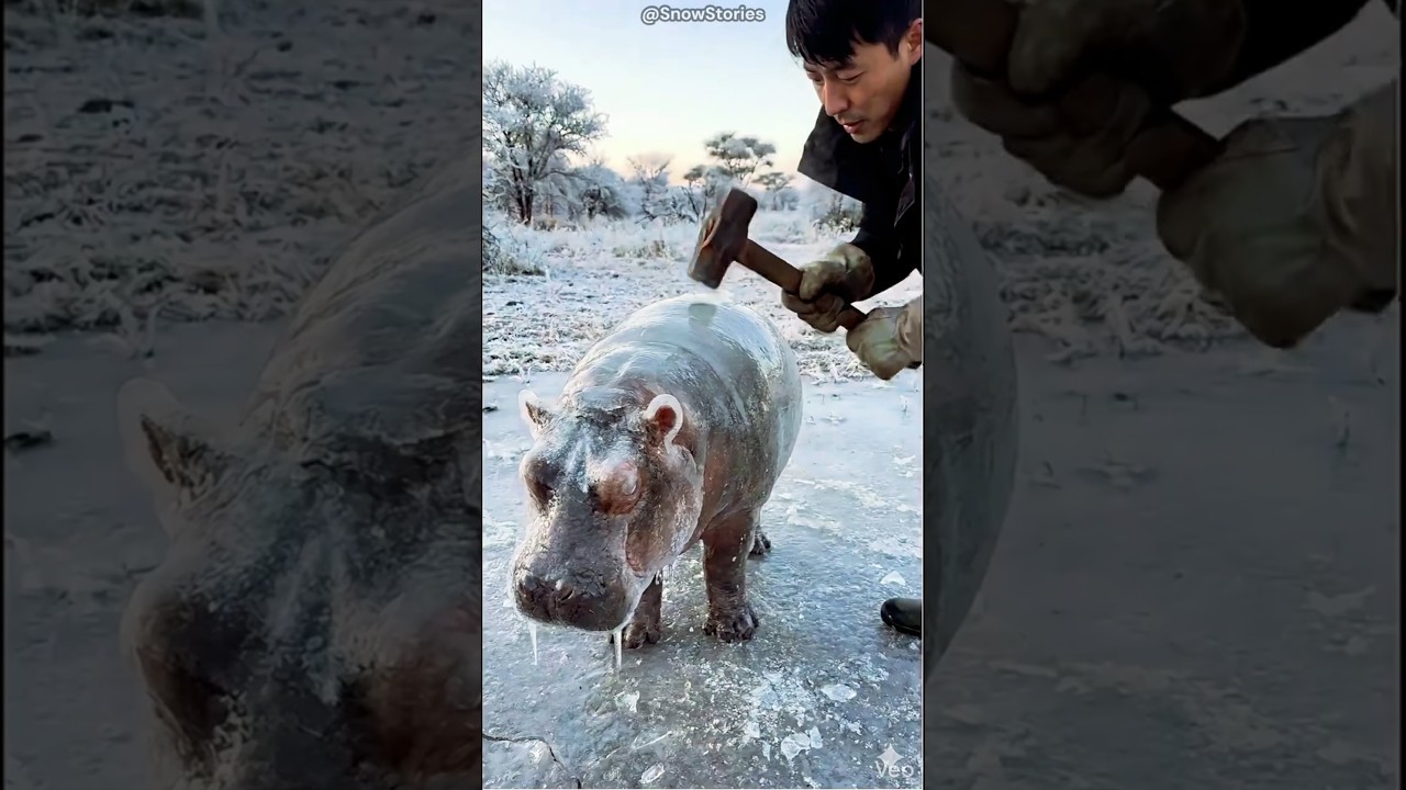 Hippo Frozen in Ice Saved by Human 🥺 