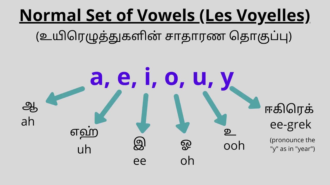 French Vowel Combinations (ai, ei, ou, au, eau, oi, ui, eu) with Tamil & English pronunciation tips.