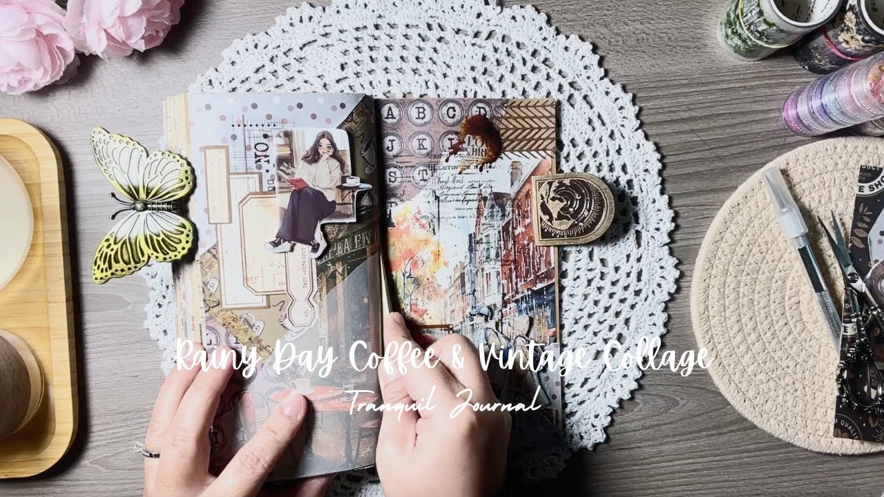ASMR Scrapbook with Me | Rainy Day Coffee & Vintage Collage