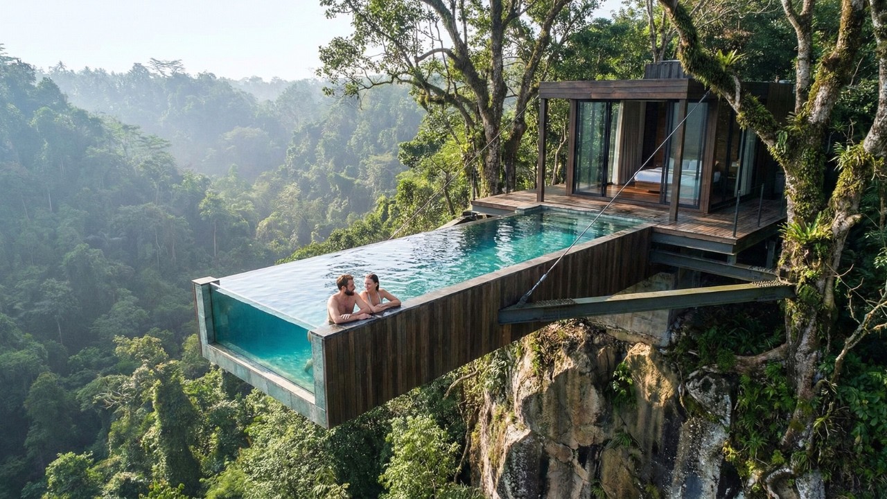 I Built a Treehouse Pool Over the EDGE… This Looks Impossible -Building a house in the forest (ASMR)
