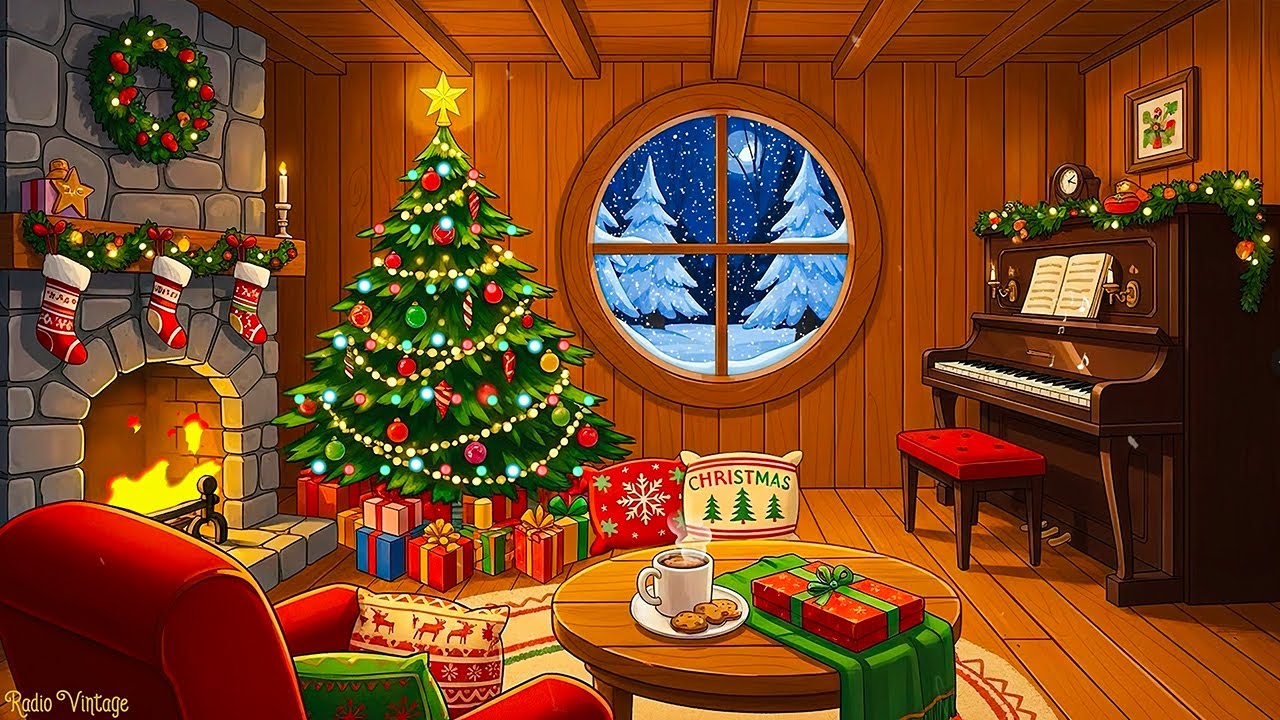 cozy christmas cabin ambience🎄snowfall, crackling fireplace & 1950s oldies playing in another room