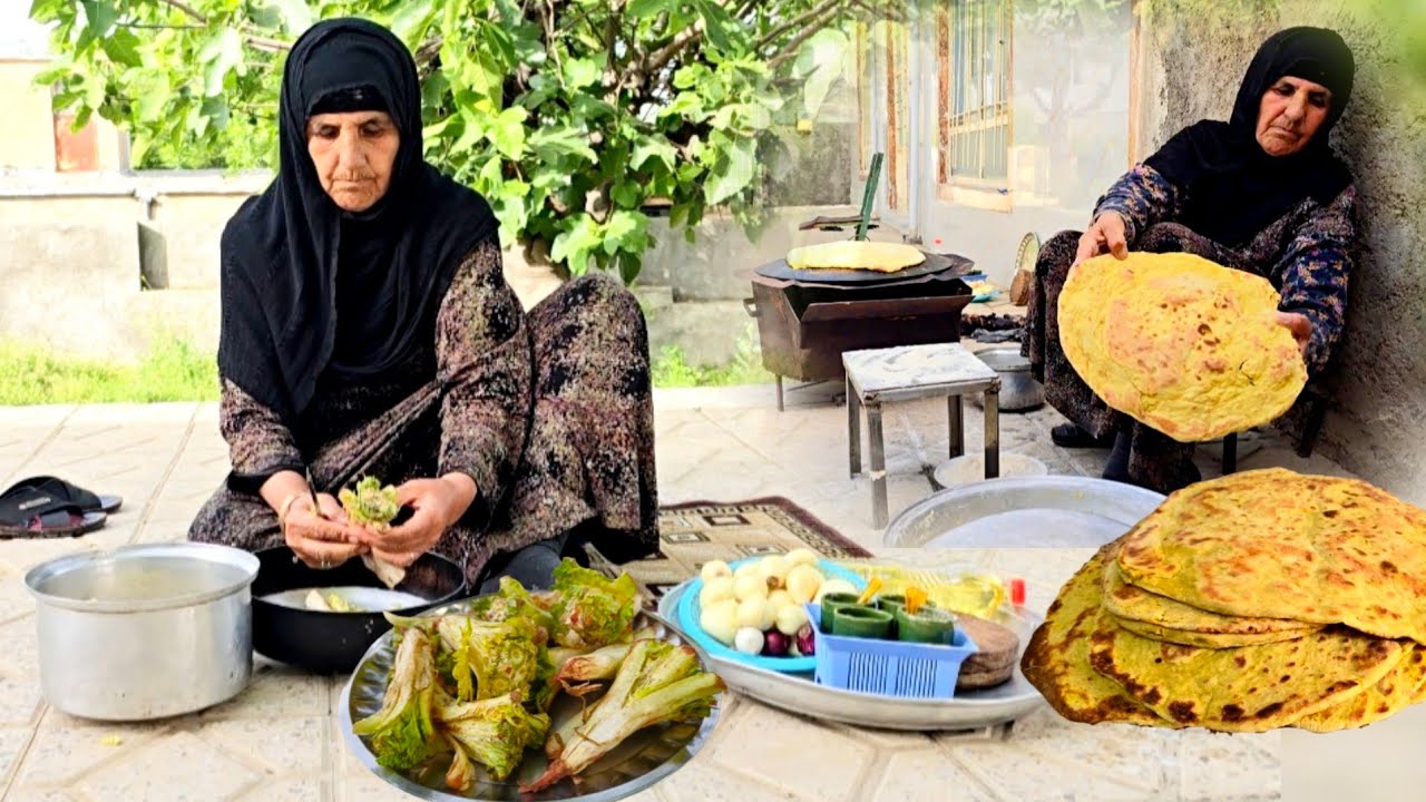 IRAN Village life in spring: Cooking artichoke spring food and baking Kurdish bread | rural cuisine