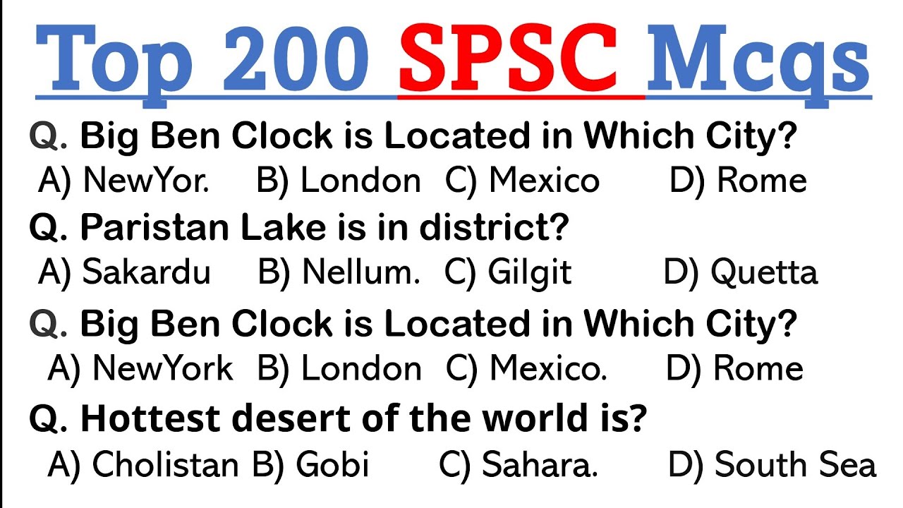 Top 200 Most Repeated SPSC Mcqs from Past Papers pdf || spsc inspector, assistant director, lecturer