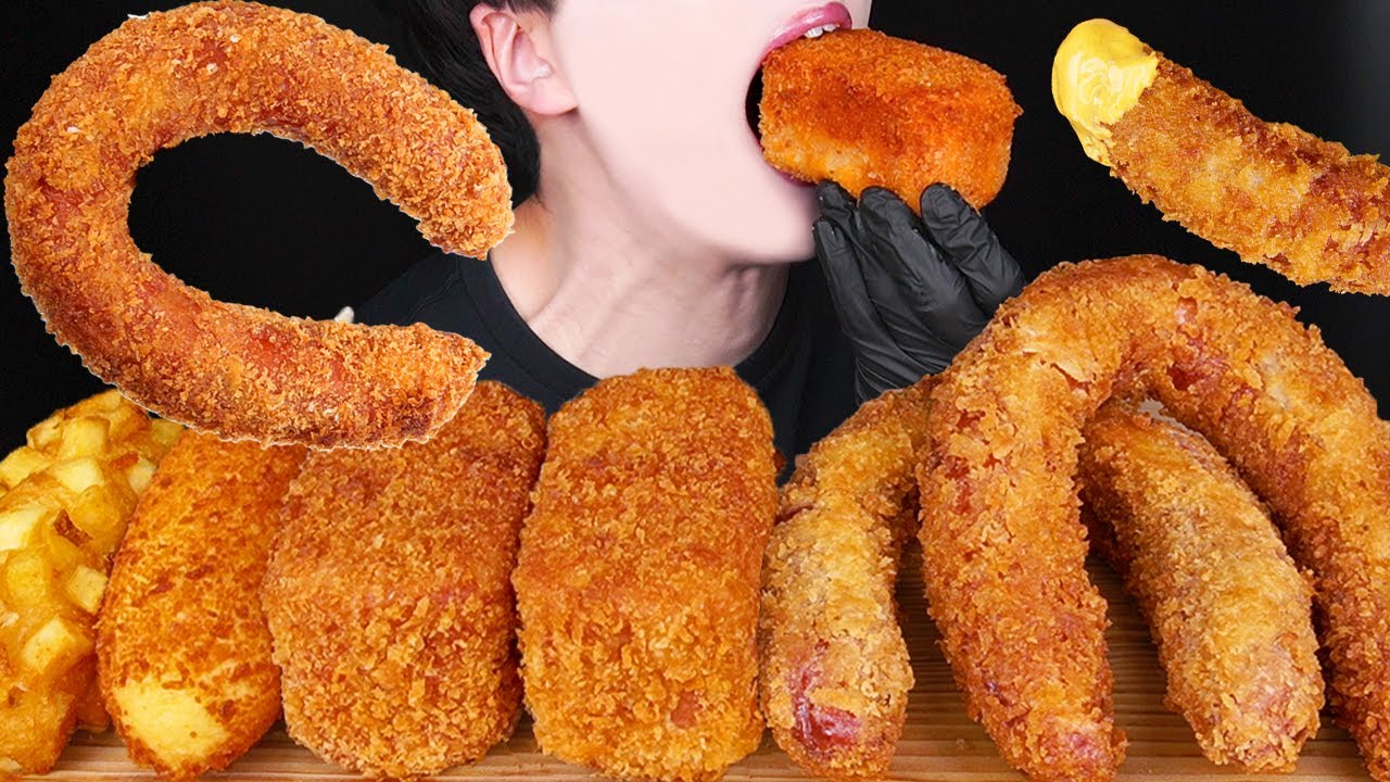 ASMR CHEESY FRIED SAUSAGE SPAM CORN DOGS COOKING MUKBANG 소세지 먹방スパム ソーセージ 咀嚼音 モッパンSosis EATING SOUNDS