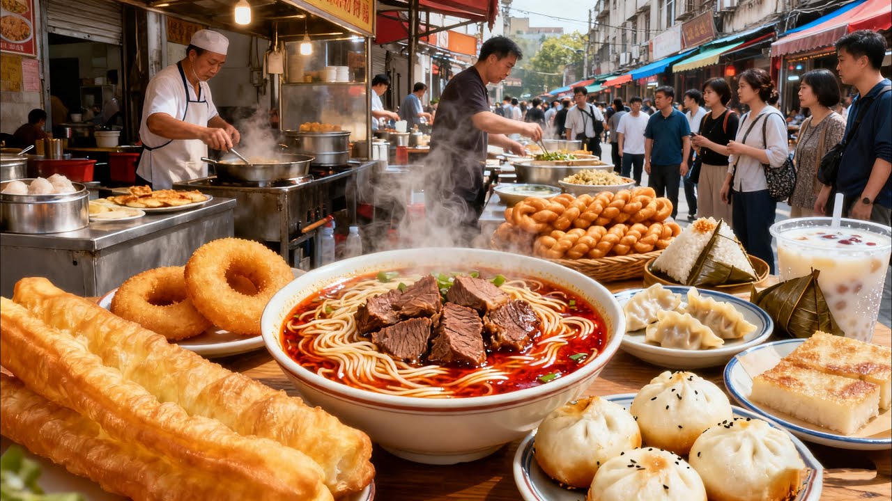 中国武汉超高人气过早美食合集，十几种美食热气腾腾！炸面窝油条、炸鸡冠饺、煎汽水包、烙三鲜豆皮，最后来碗牛肉粉真过瘾！