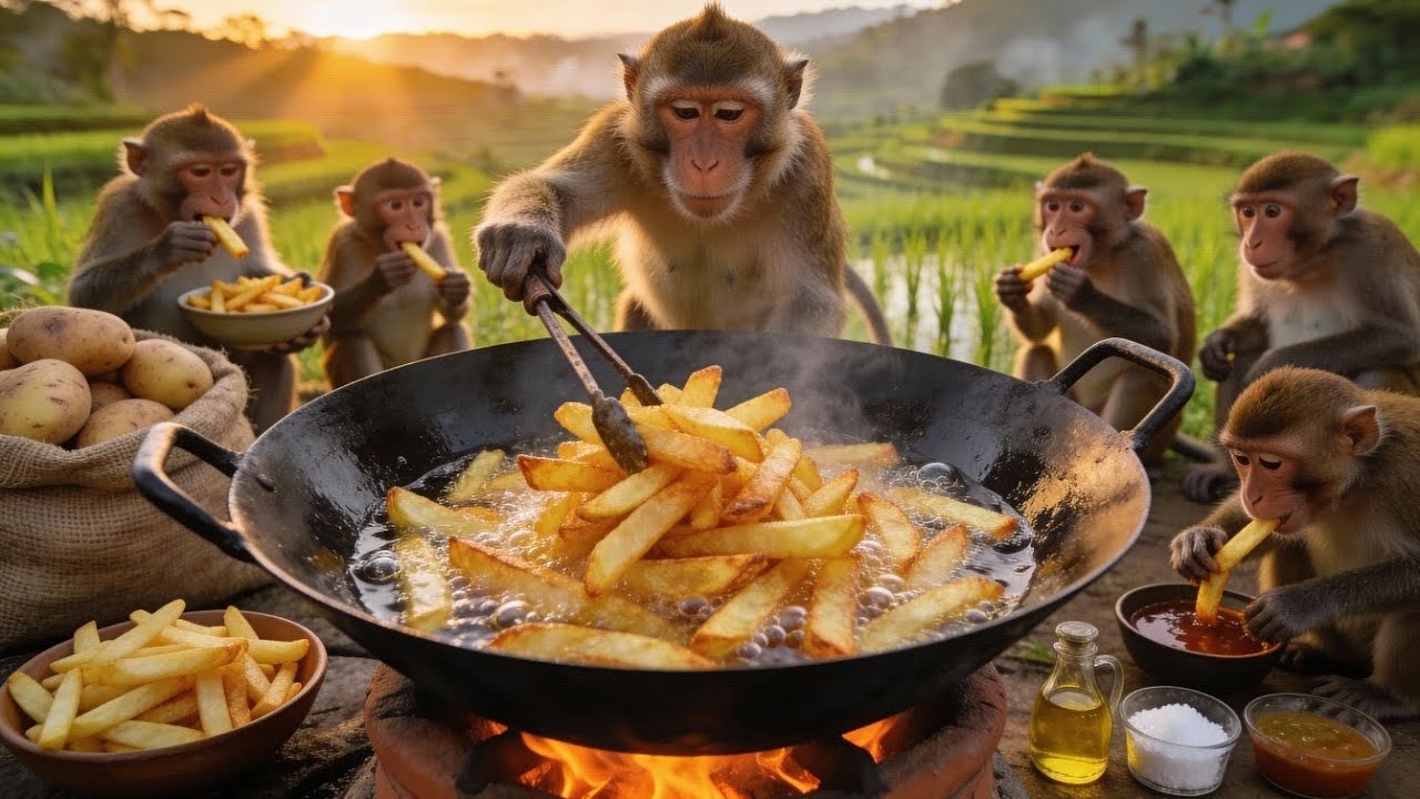बंदरों ने मिलकर आलू तले 🍟🐒 | Wild Monkeys Cook Giant French Fries on the Farm 🔥