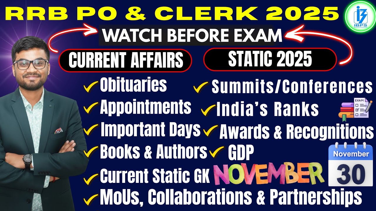 RRB PO & Clerk 2025 | November Current Affairs + Static GK 2025 | Watch Before Exam  Banking CA 2025