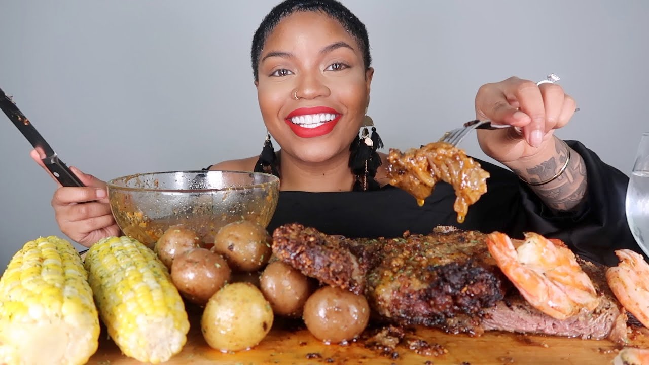 JUICY RIBEYE STEAK WITH SHRIMP AND ONIONS, GARLIC BUTTER POTATOES, AND LEMON CORN MUKBANG!!!