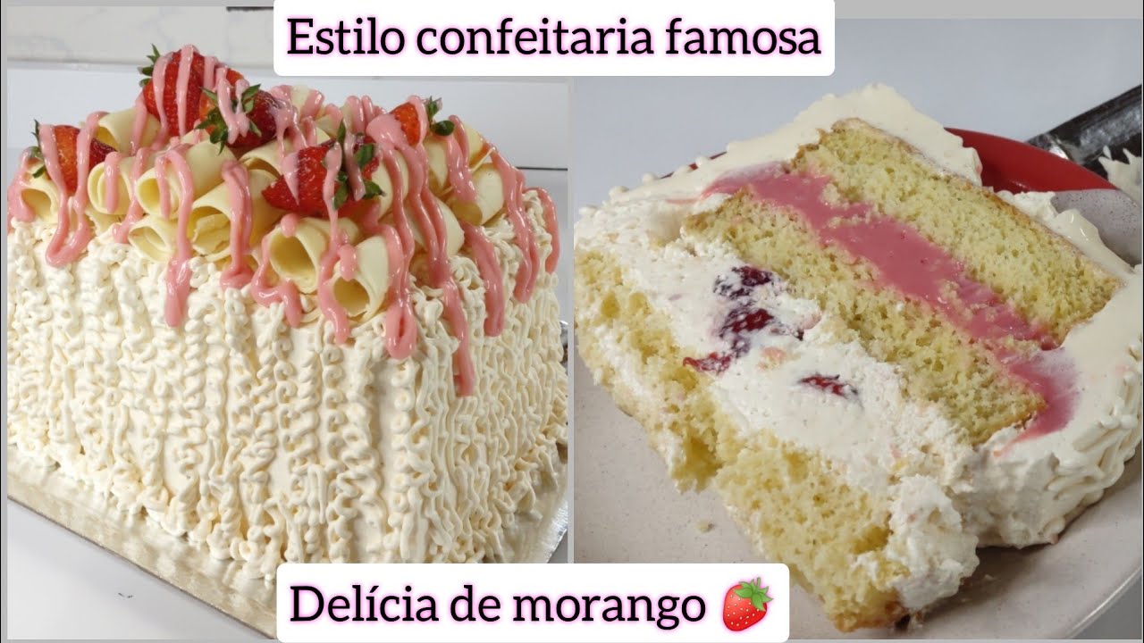 ESTILO CONFEITARIA FAMOSA/ O MELHOR QUE JÁ FIZ/ RECHEIO DE MORANGO/ MOUSSE BRANCA/ PÃO DE LÓ