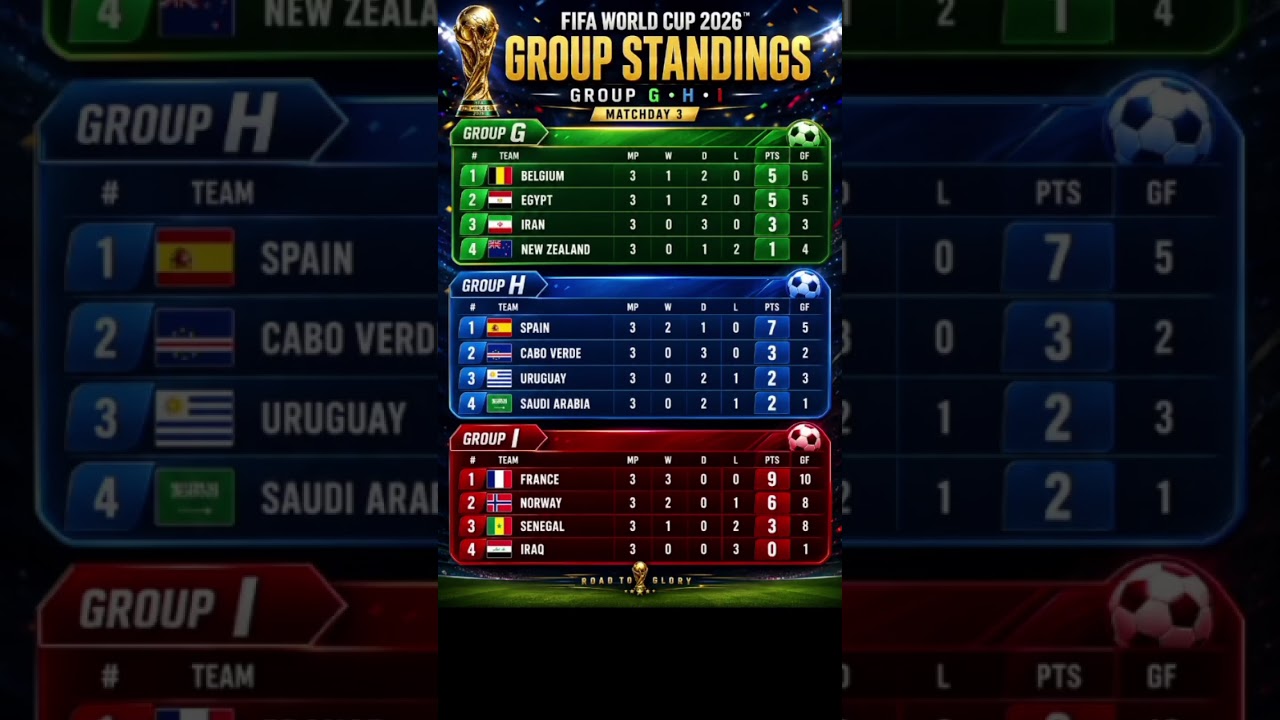 FIFA World Cup 2026 ⚽ Group G, H & I Standings results After Matchday 3 #fifa#shorts