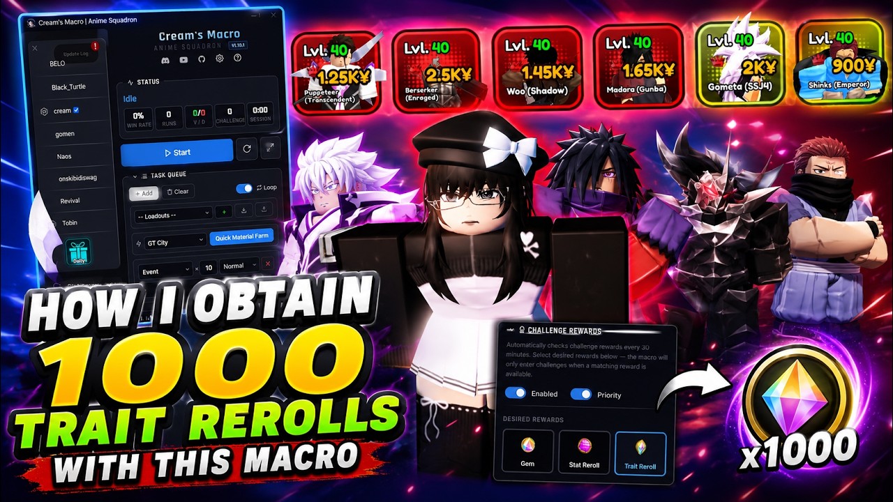 How i obtain 1,000 Trait Rerolls with Cream's Macro [ FREE ] | Anime Squadron