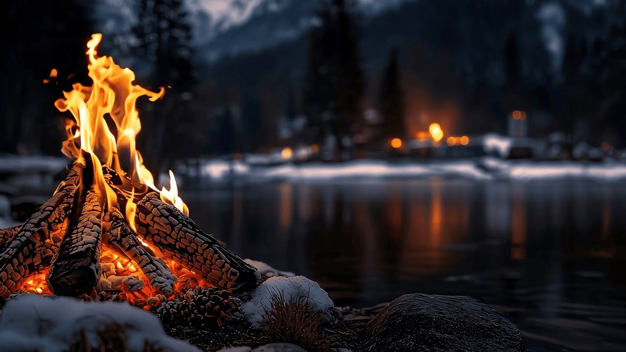A Quiet Winter Scene ❄️🔥 Fire by the River | Aesthetic Forest Ambience 4K ASMR