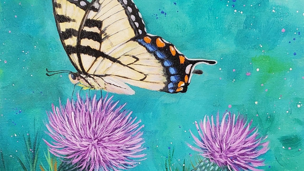 Butterfly Thistle Flower Acrylic Painting LIVE Tutorial