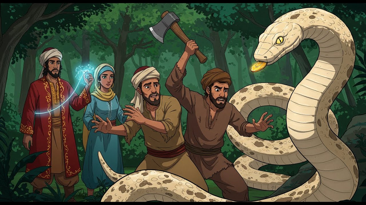 قصة الامير والفتاة الفقيرة والاخ الطماع والثعبان الذى يخرج الذهب والخيط السحرى