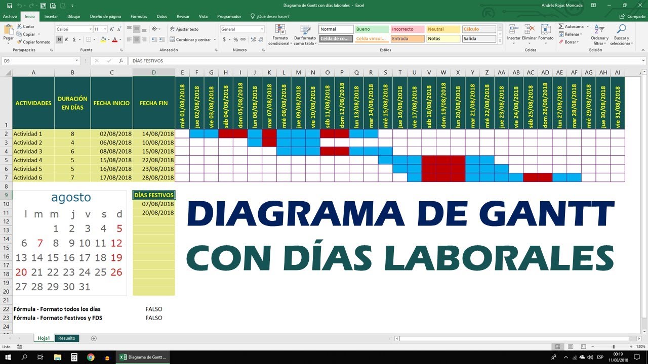 Diagrama de Gantt con días laborales en Excel 💎