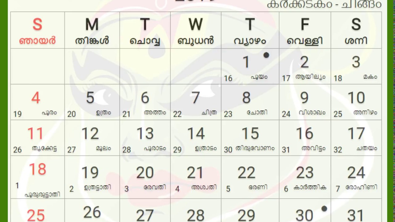 2019 Kerala Malayalam Calendar without Holidays List