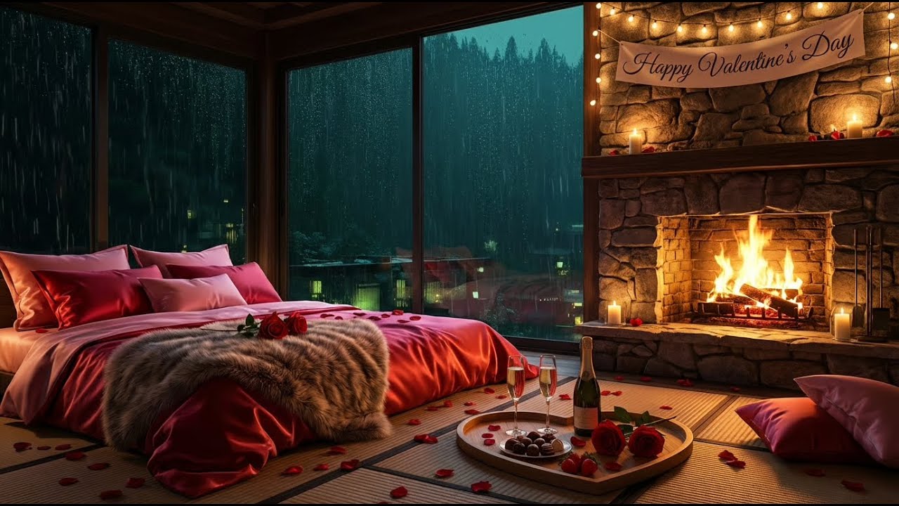 Cozy Valentine&rsquo;s Day Fireplace Ambience | Romantic Rain & Fire Sounds