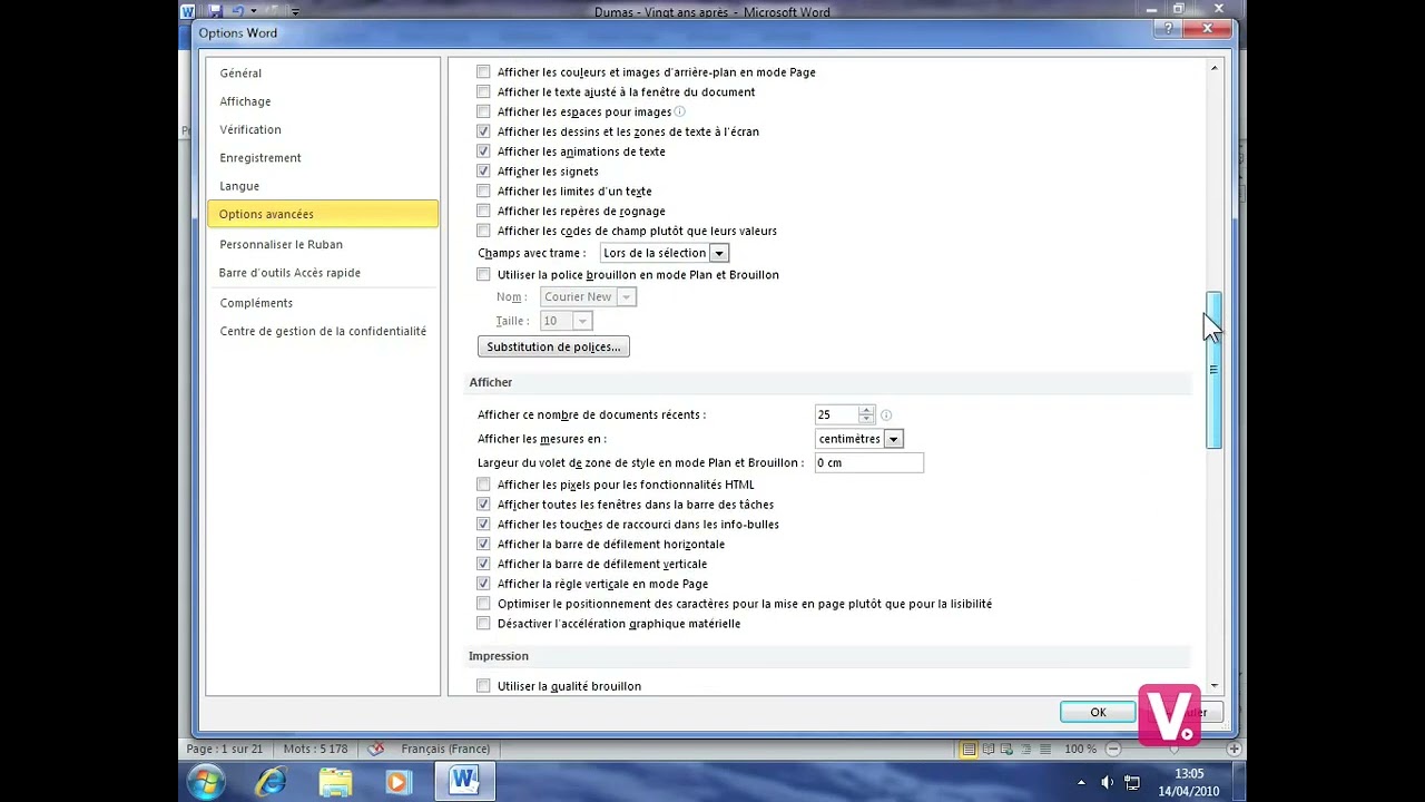 85 Les options avanc&eacute;es dans Word.