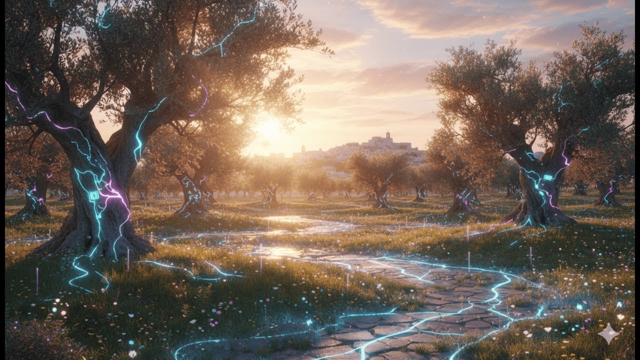 Sunlit Cyber Grove &ndash; Mediterranean Futuristic Visual