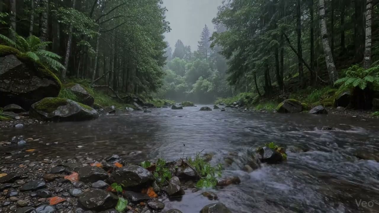 Heavy Rain and Thunder Sounds for Sleeping – River Ambience & Soft Piano (1 Hour)