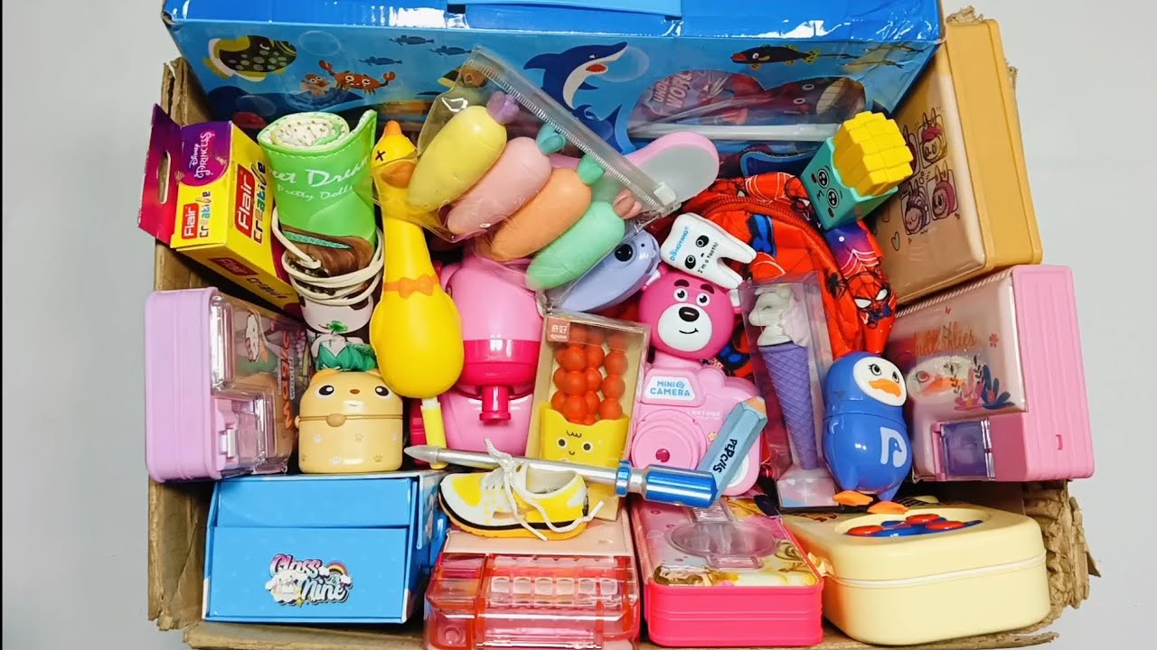 Jumbo stationery kit, lububu pencil box, eraser, screw driver pen, flair creative kit, camera toy