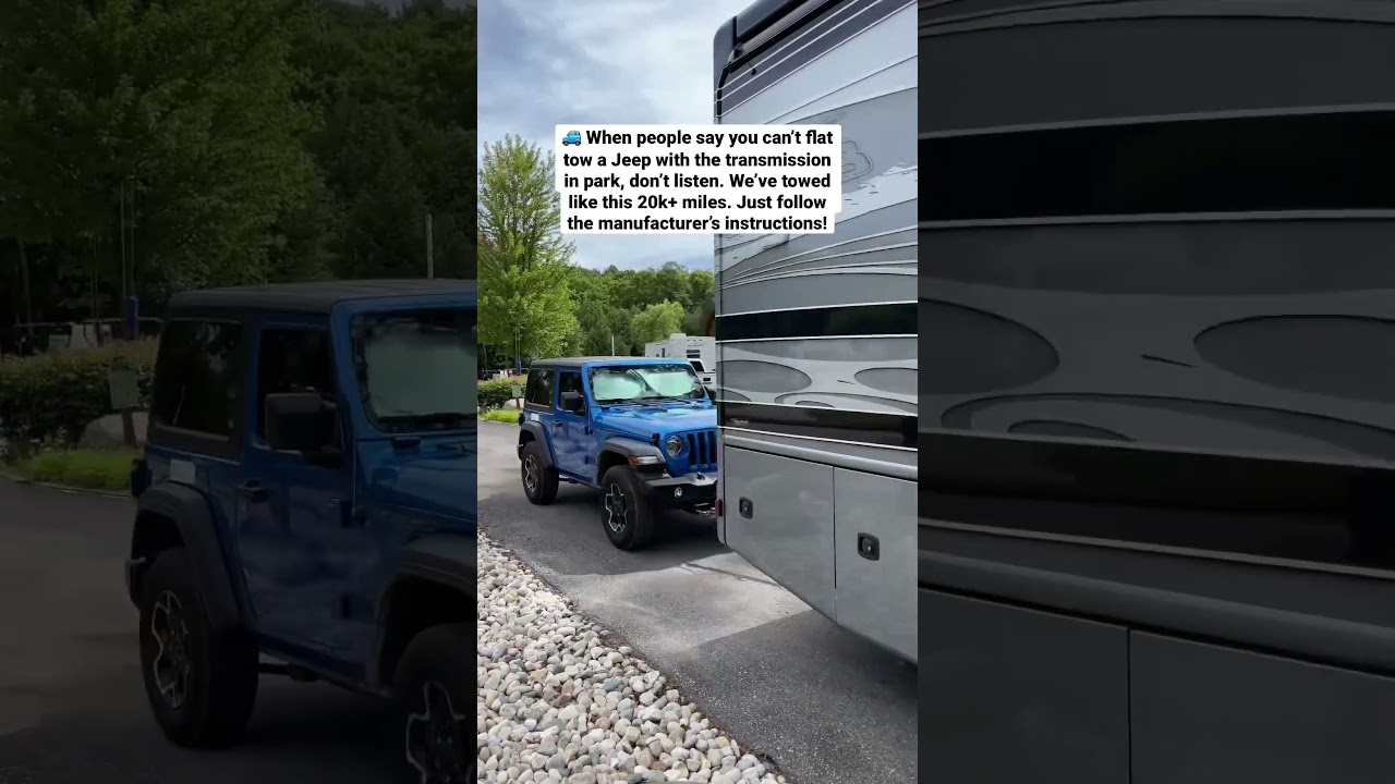 We flat tow our Jeep with the transmission in PARK #rv #fulltimerv #motorhome #jeep #towing #rvlife