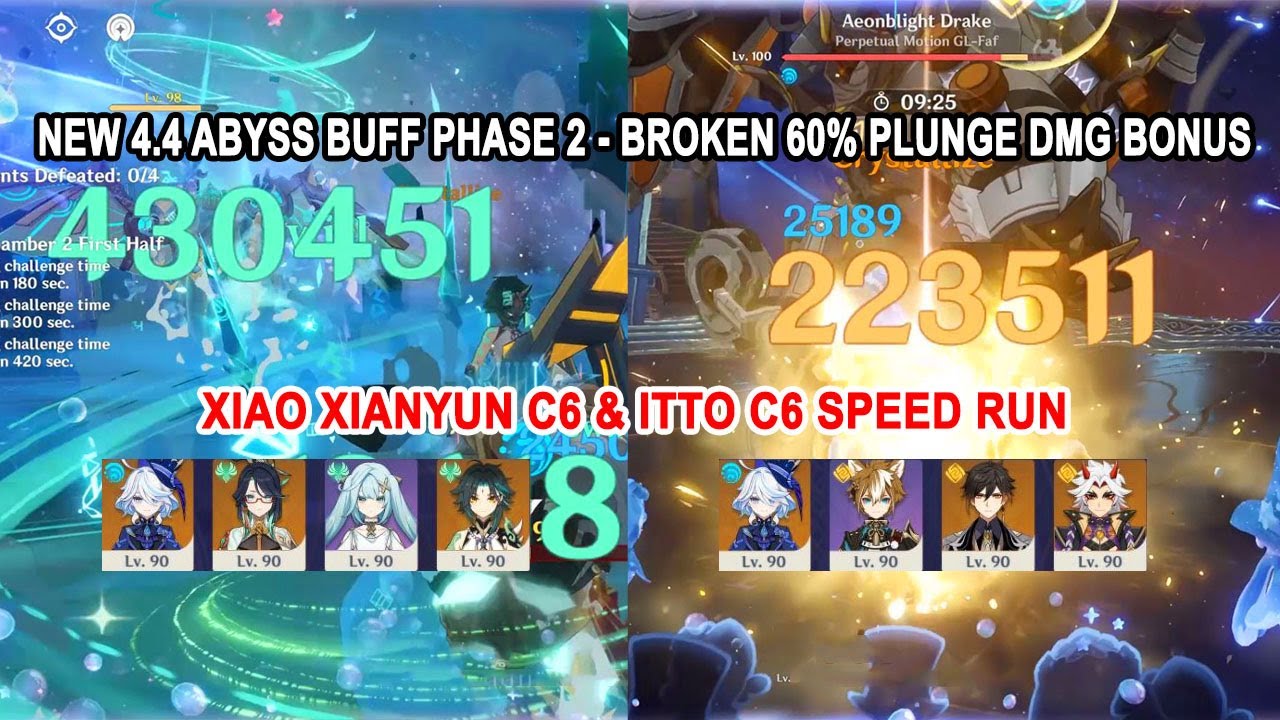 New 4.4 Abyss Buff Phase 2 - Xiao Xianyun C6 & Itto C6 Speed Run | Broken 60% Plunge DMG Bonus