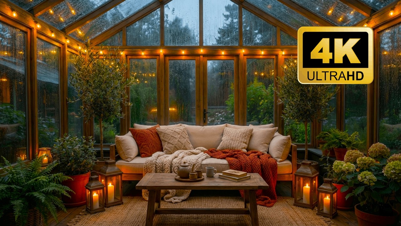 Rainy Night in a Cozy Greenhouse 🌧️ Rain Sounds on Glass for Deep Sleep & Insomnia (4K UHD)