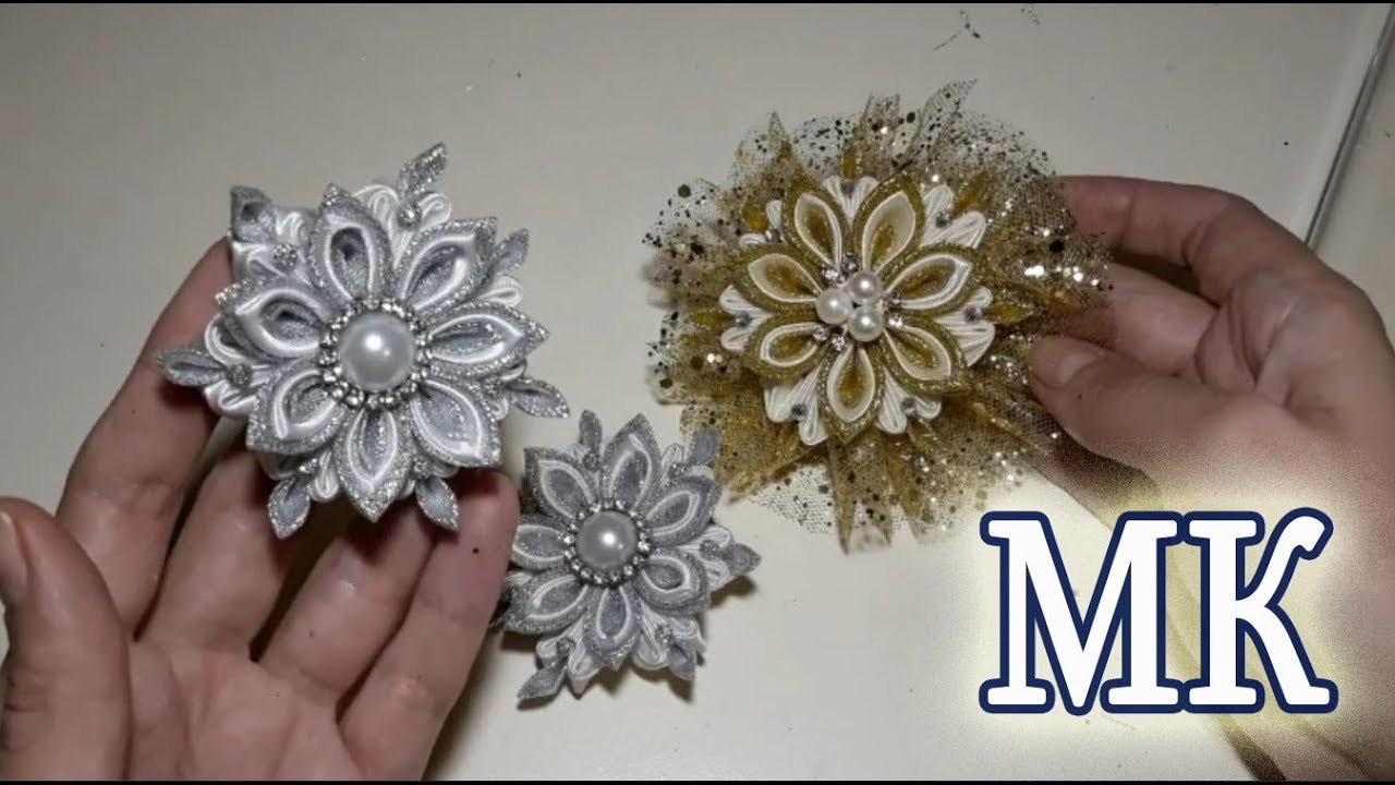 Украшение Канзаши для снежинки, метелицы/ DIY snowflakes kanzashi
