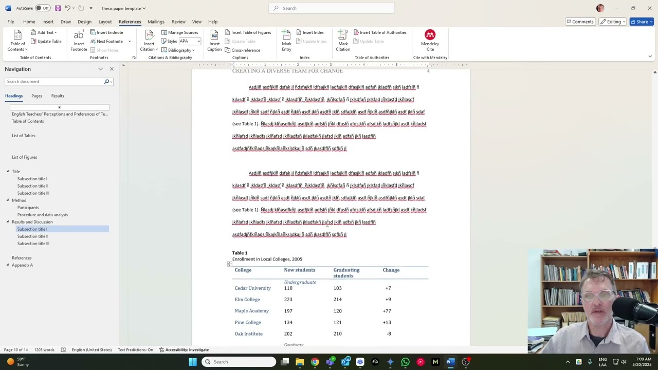 How to list tables and figures in Word according to APA