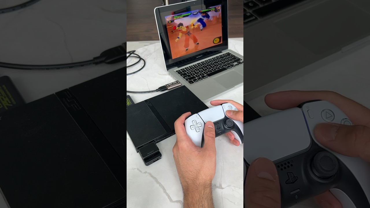 PS5 Controller + PS2 Slim + MacBook Pro + DragonBall Z Budokai Tenkaichi 2