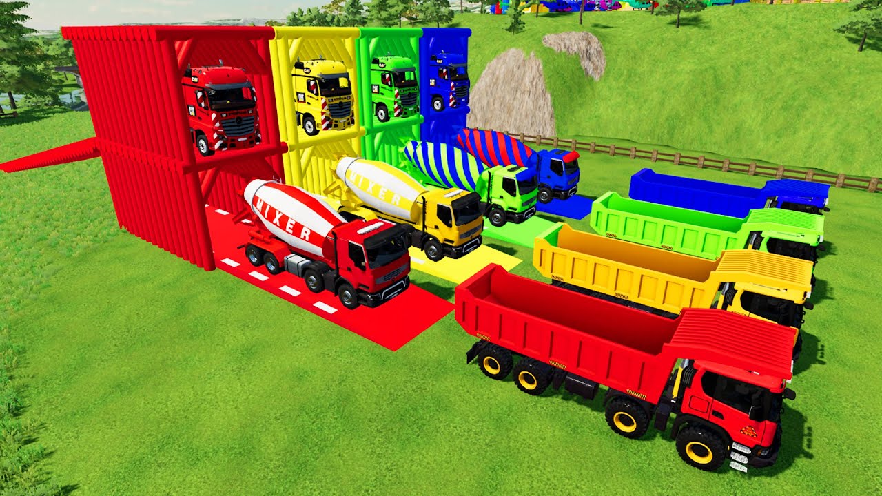 TRANSPORTING ALL COLOR MIXER TRUCK,TIPPER TRUCK WITH FLATBED TRAILER TRUCK, SCANIA, VOLVO, RENAULT