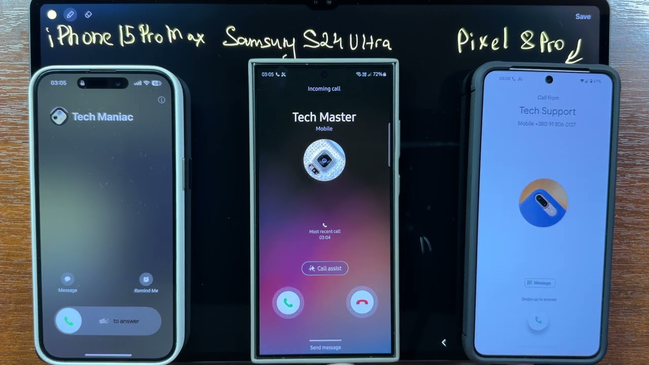 iPhone 15 Pro Max + Samsung S24 Ultra + Google Pixel 8 Pro Incoming Call on Samsung Tab S8 Ultra