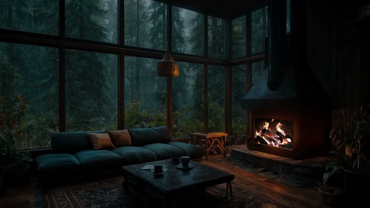 Rain on Glass Walls & Fireplace Glow – Peaceful Forest Night for Rest and Sleep