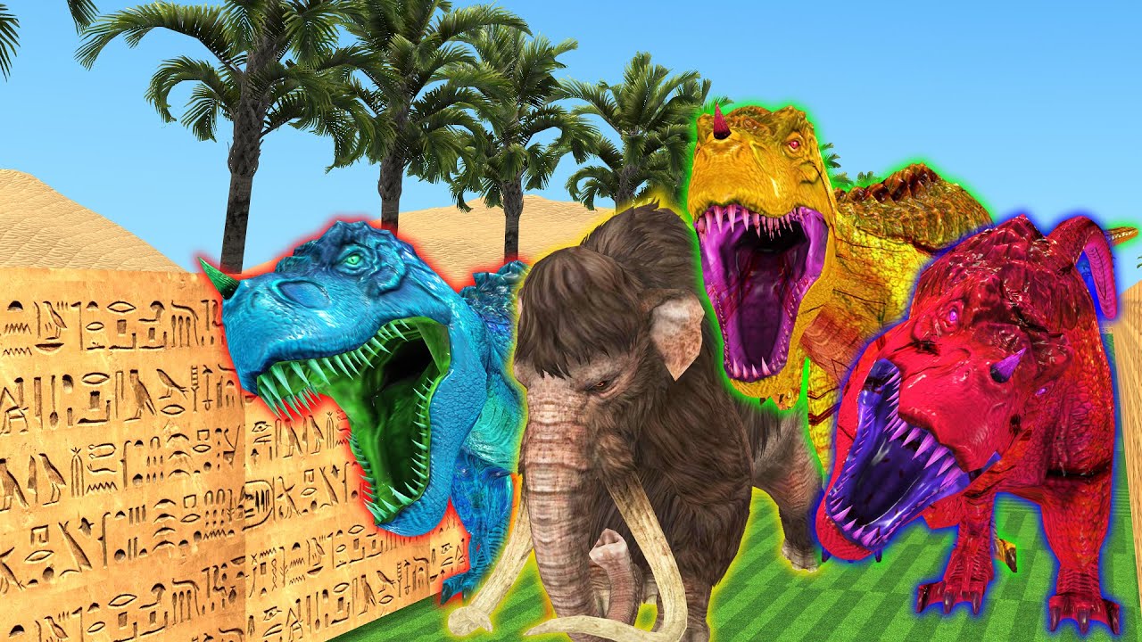 Flock T-Rex colored chasing Mammoth in scary ancient maze