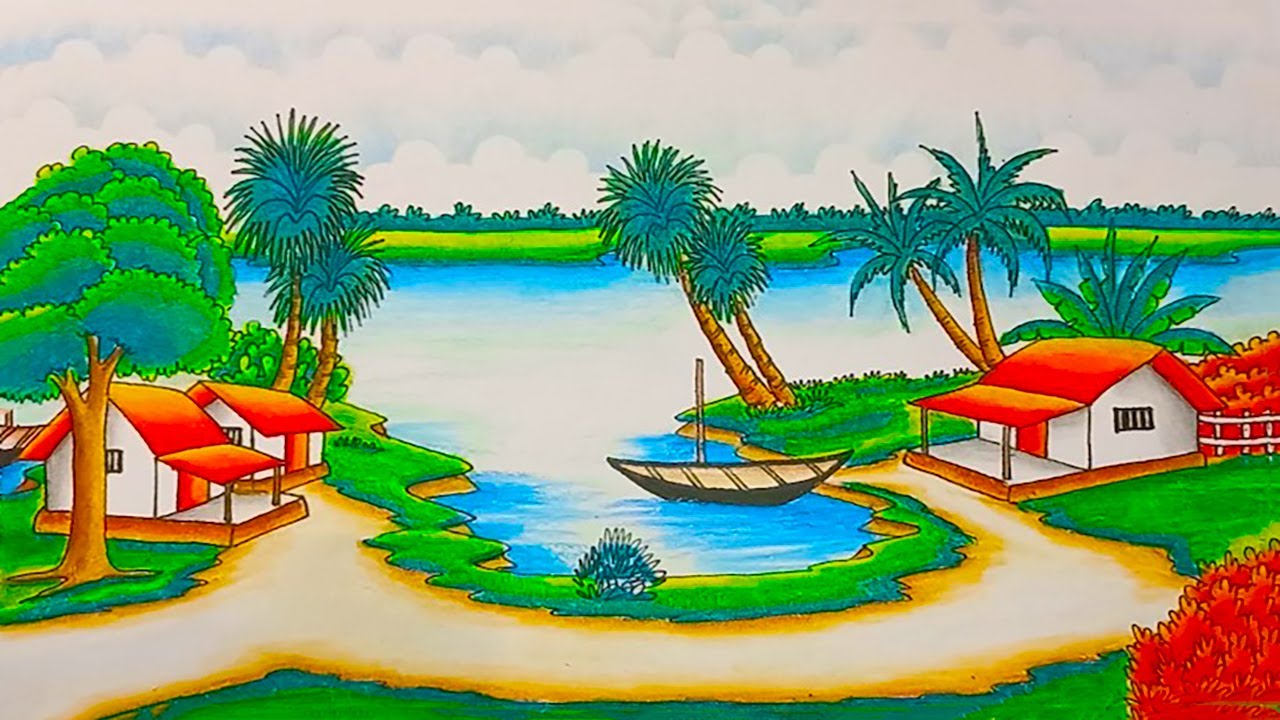How to draw easy scenery drawing landscape village scenery step by step easy drawing