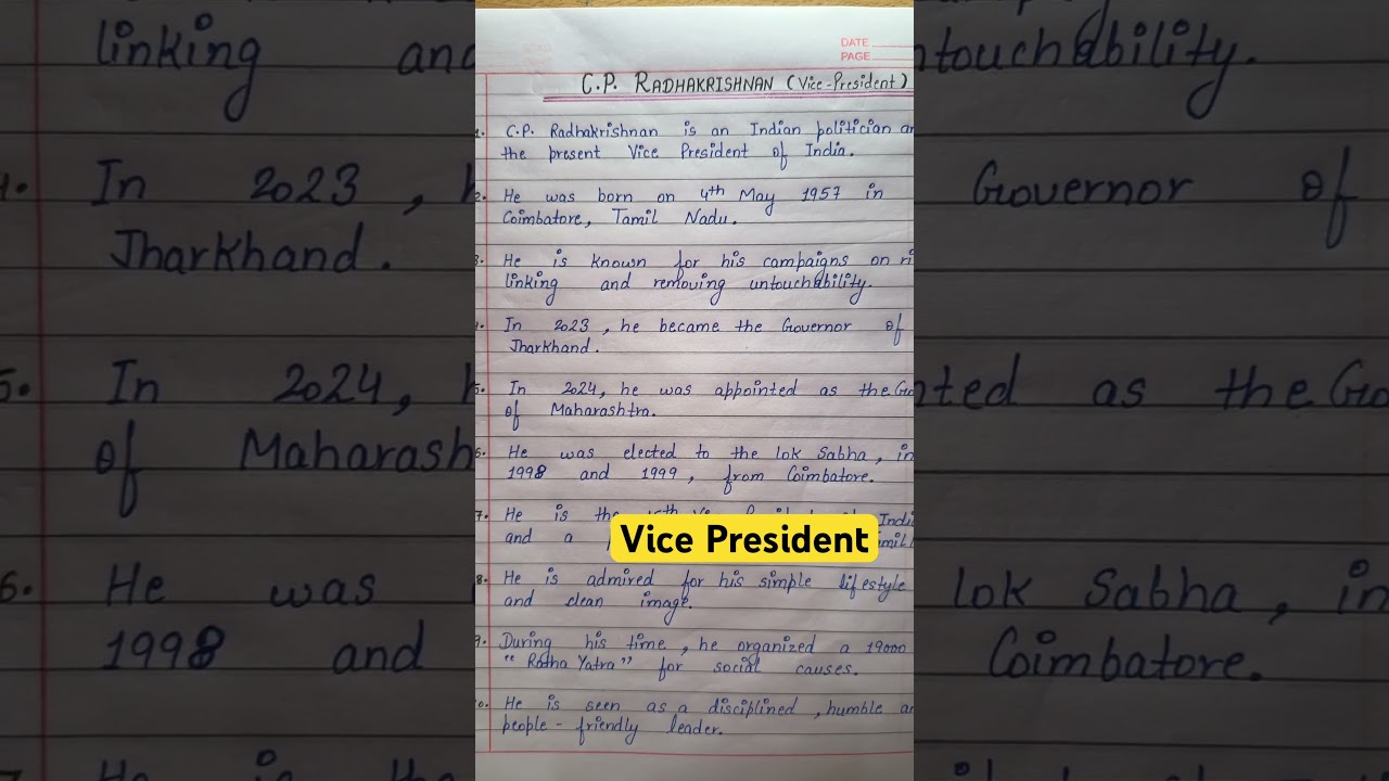 C.p. Radhakrishnan ( Vice President ) Biography#cpradhakrishnan #vicepresident #handwritingskills