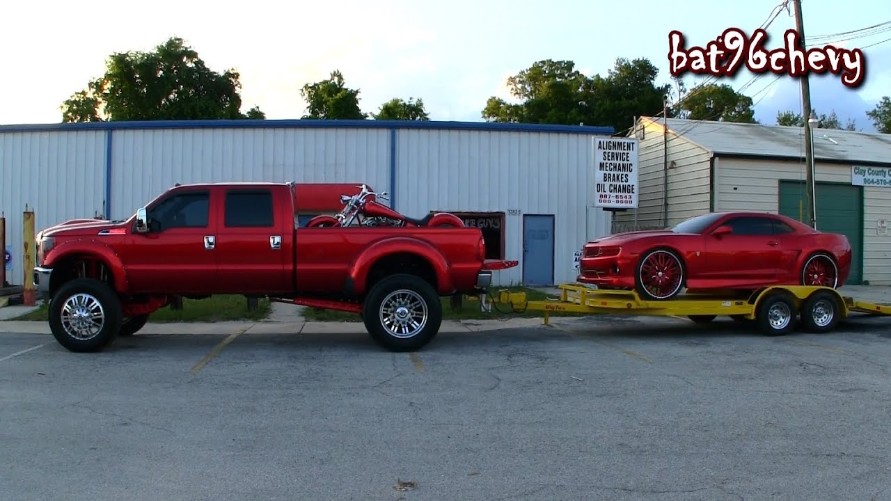 Candy RED 2011 Ford F-350 Truck pulling SUPER CHARGED Widebody Camaro SS on 26