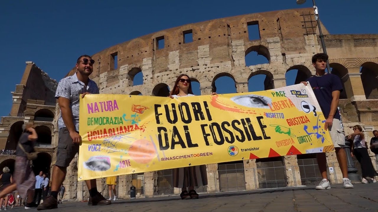 Climate activists stage anti-fossil fuel protest in front of Colosseum in Rome