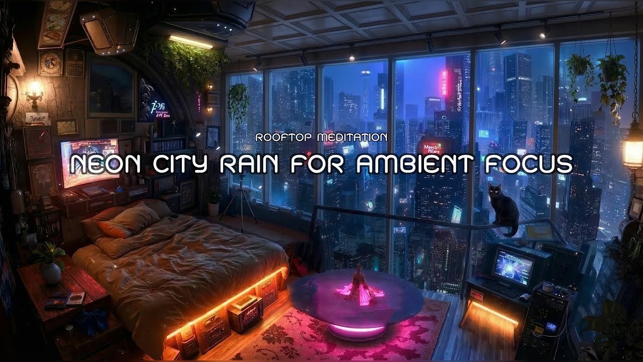 Rooftop Meditation, Neon City Rain for Ambient Focus