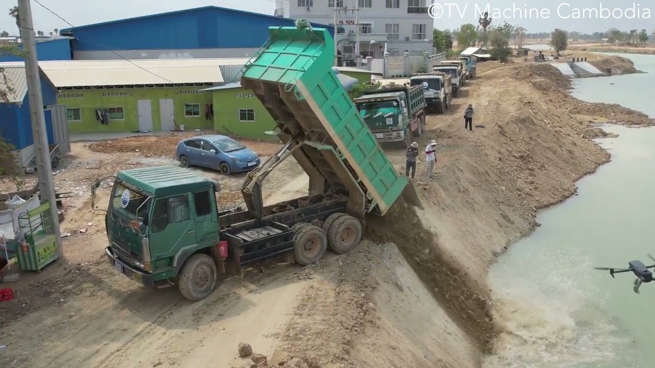 Incredible Techniques Dozer Cutting Slope Truck Spreading Stone Building Foundation Canal Road