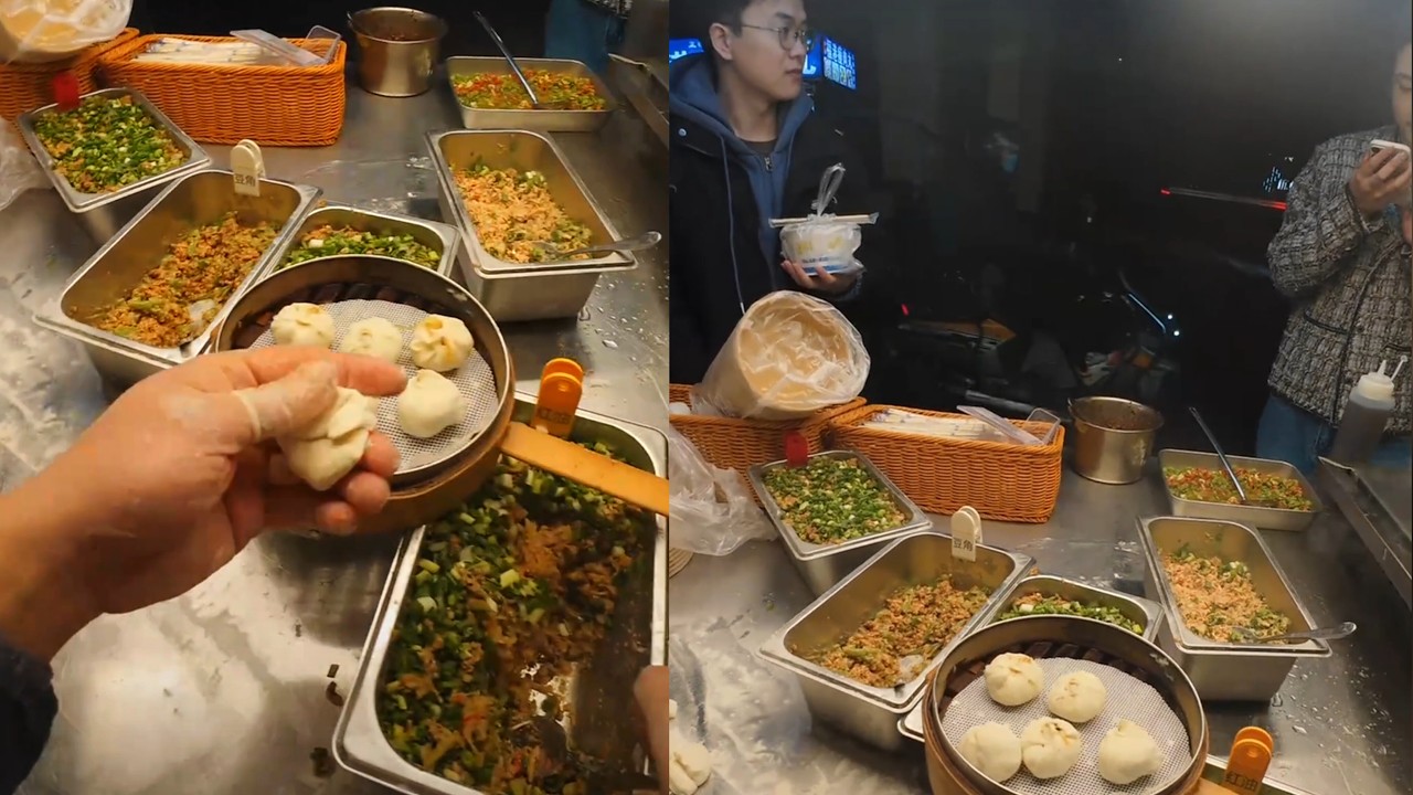 Cooking steamed buns with beef filling, Steaming of cooking street food.