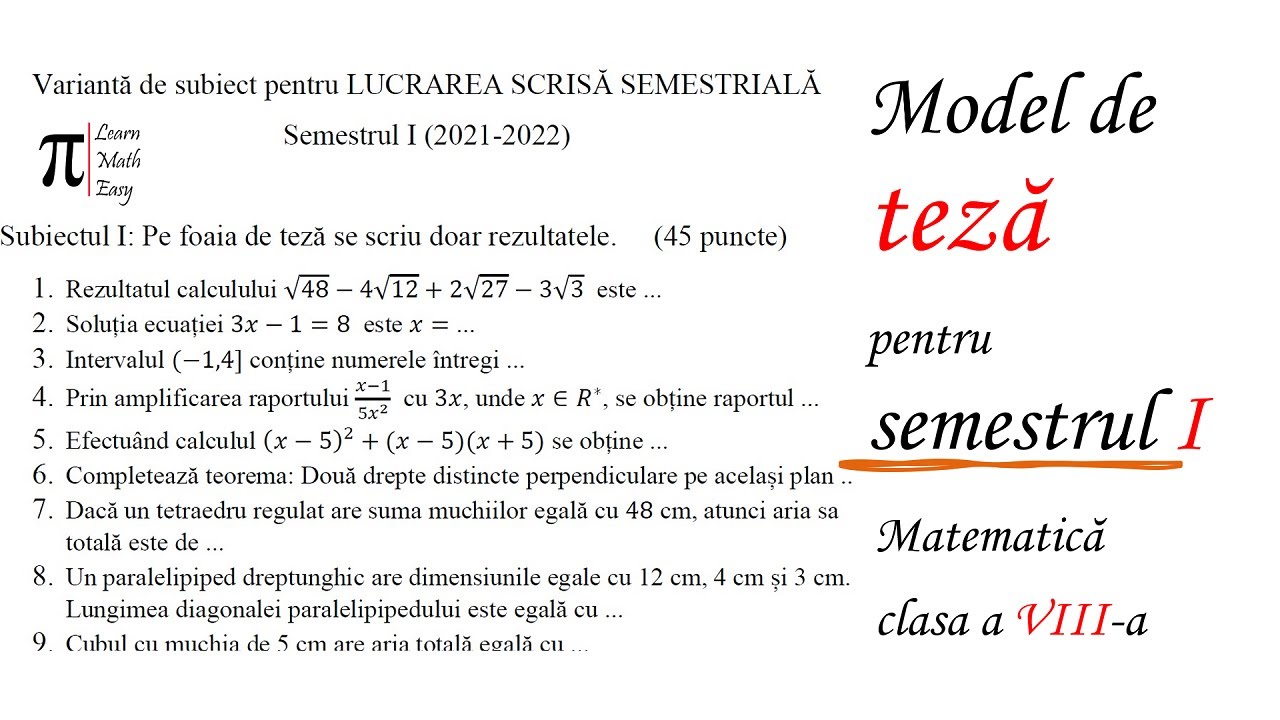 Model Teza Matematica clasa a VIII a Semestrul I 2021 2022