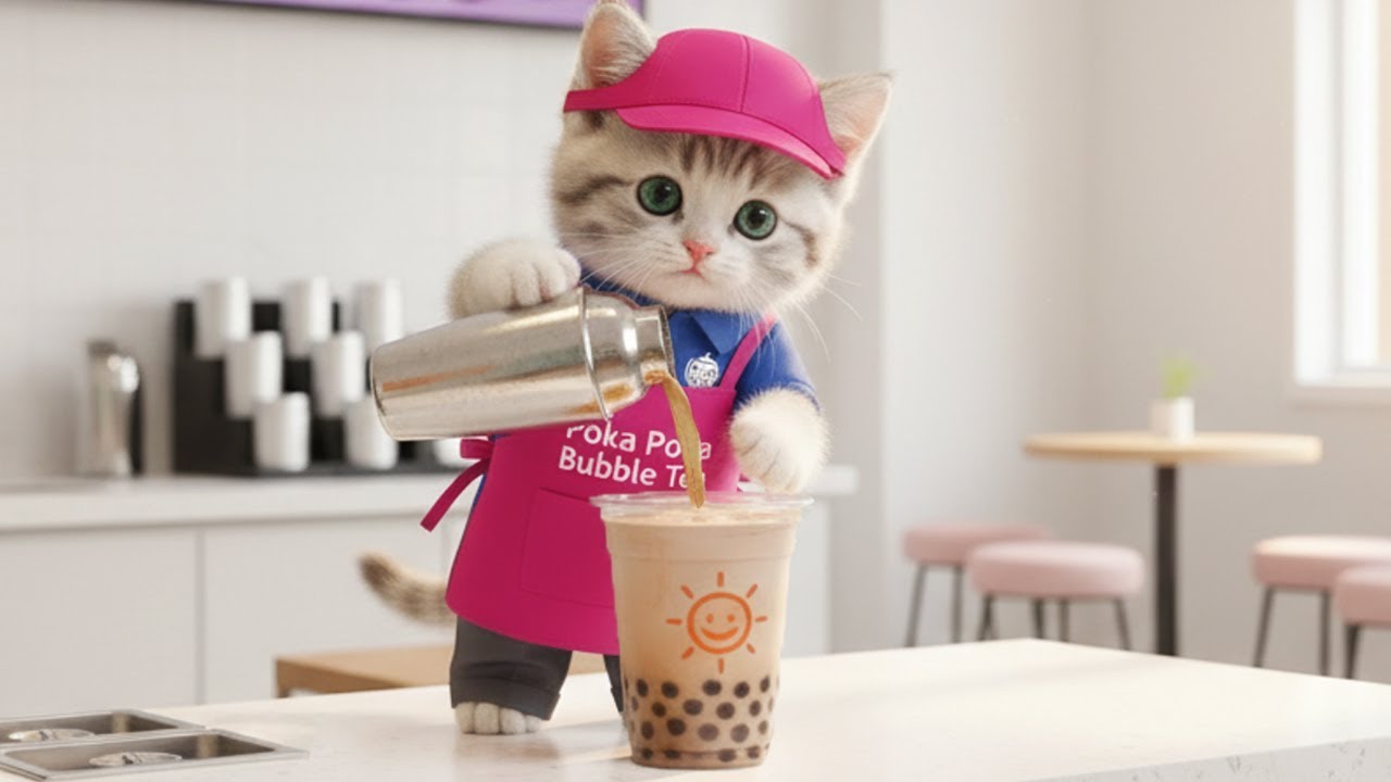 いらっしゃいませ!!タピオカ屋さんでアルバイト!!ねこの一日に密着🐱🧋