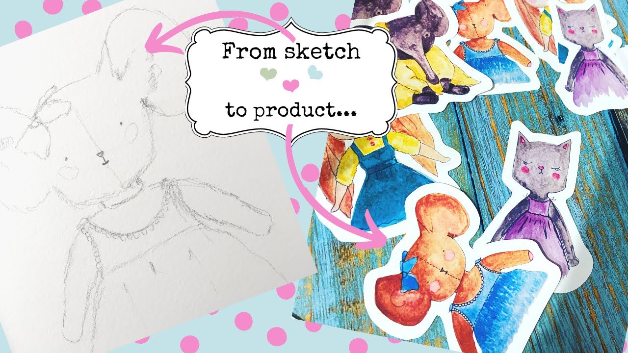 sketching and watercolor painting - making whimsical watercolour stickers