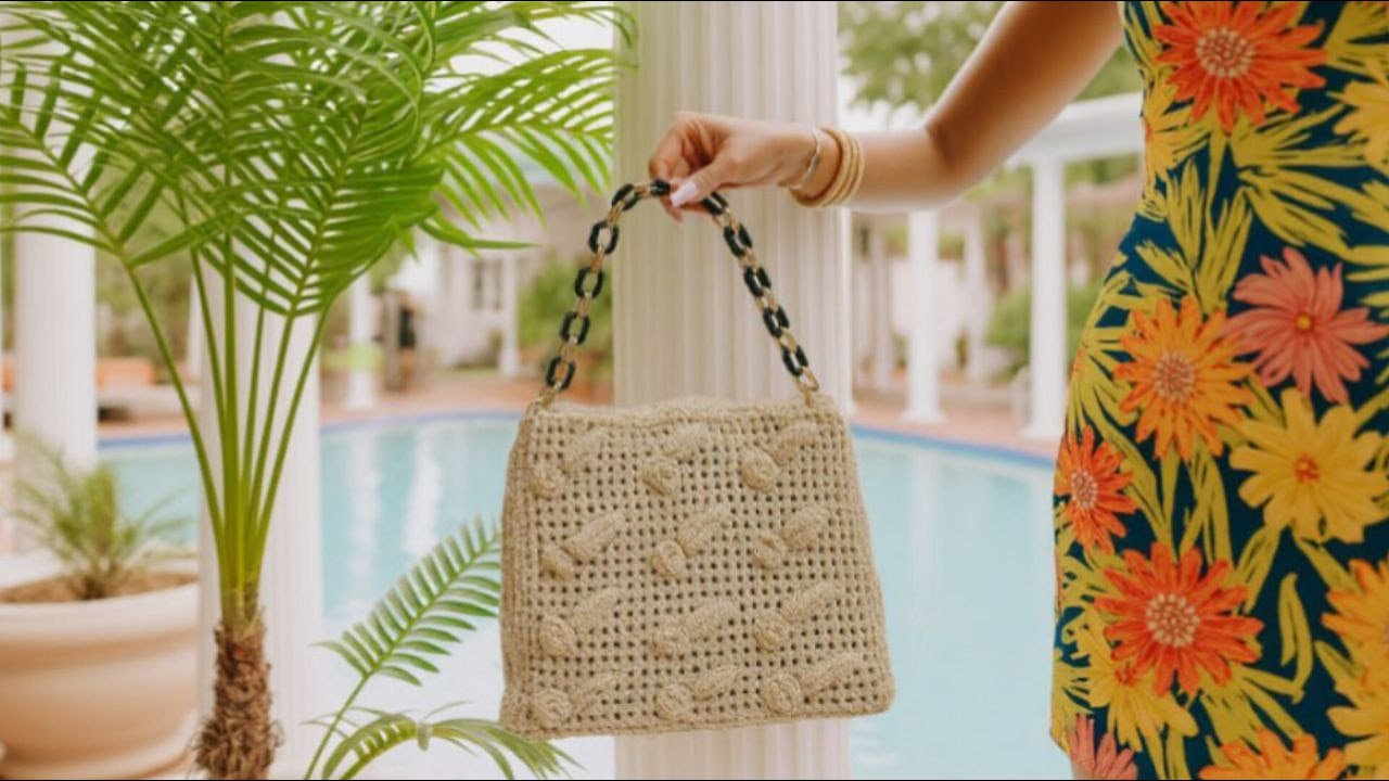 crochet flower bag / کیف گلدار با برگهای برجسته -(یکپارچه) قابل اجرا با تمام نخ های رافیا و مکرومه