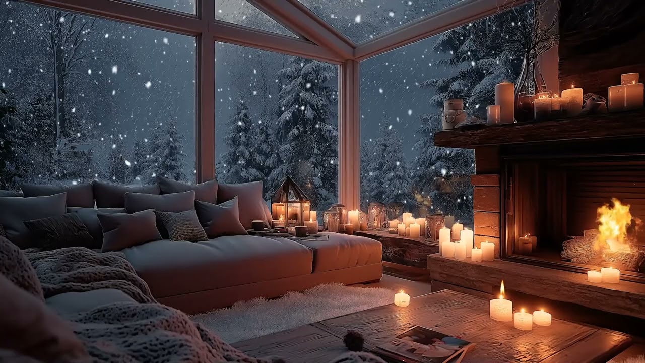 Warm Fireplace & Soft Piano Relaxing Holiday Ambience with Snowfall