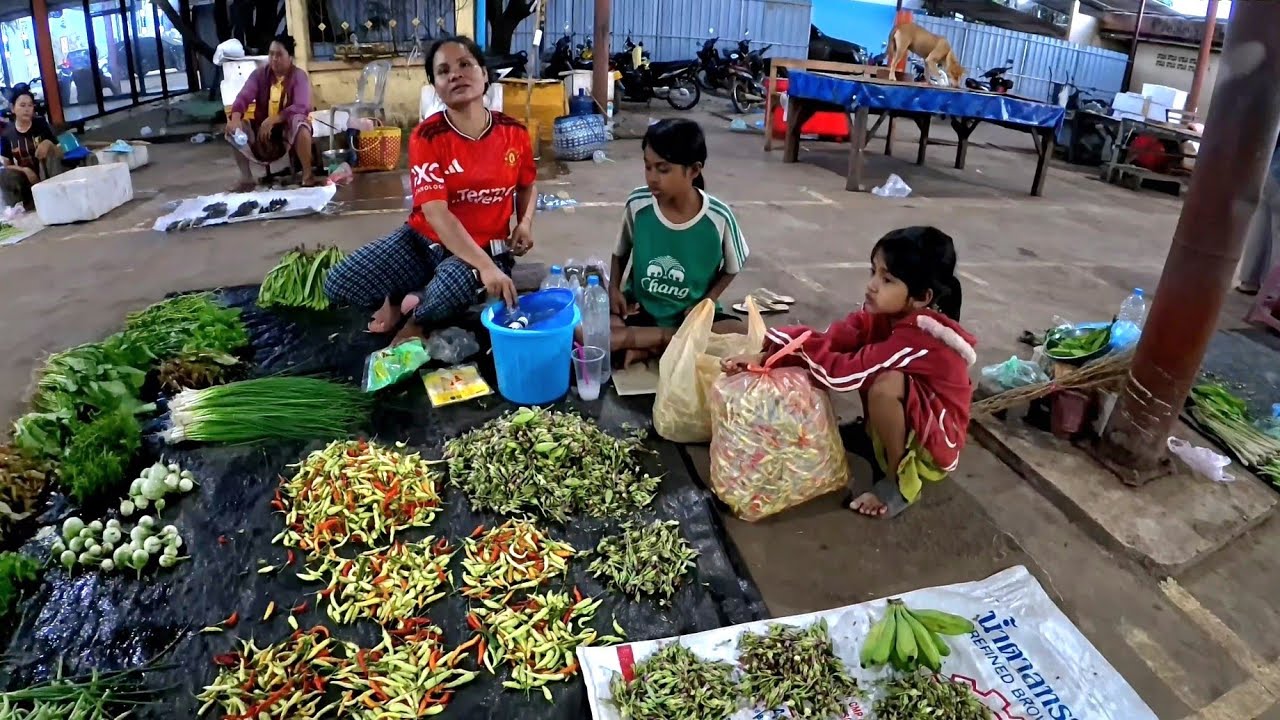 Visiting Thinnak evening market with cousins in Don Khong, Laos