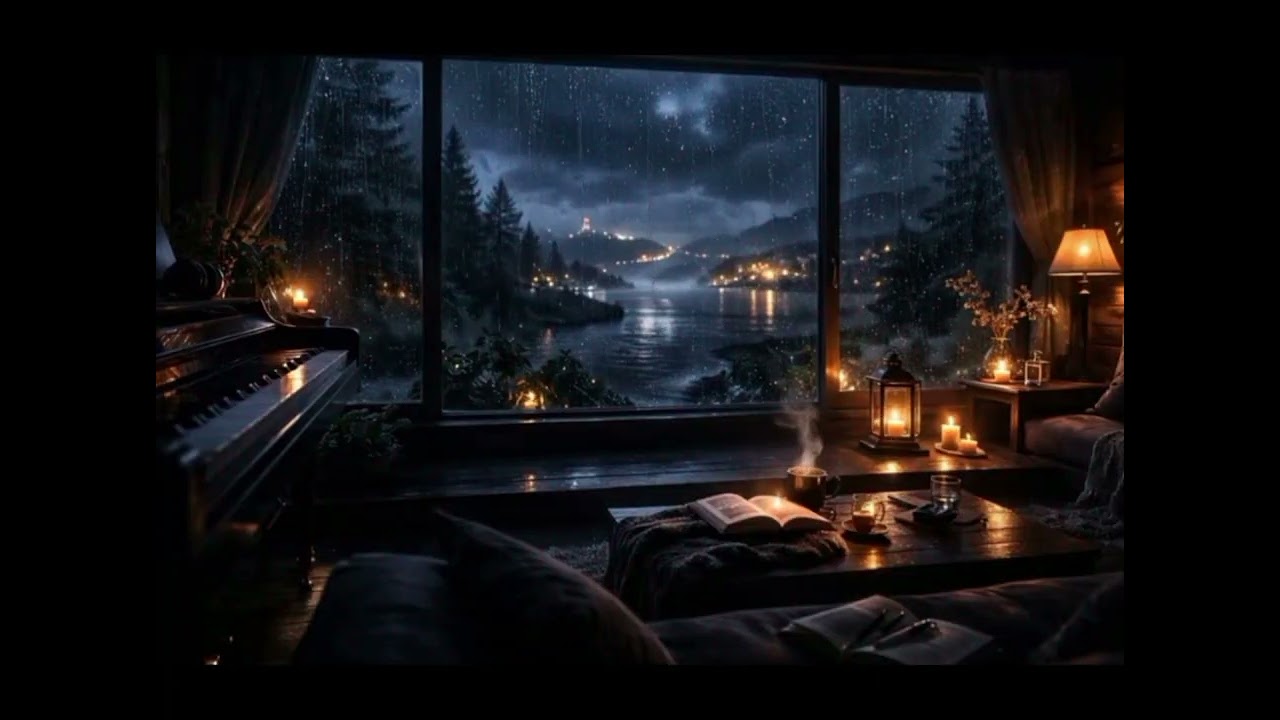 Rainy Night by the Lake Cozy Piano & Candlelight Ambience | Relax & Study